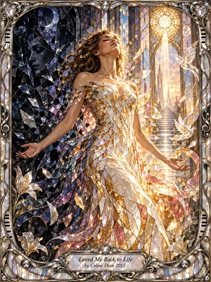 A radiant woman in a crystalline gown emerges between a shattered moonlit realm and a luminous cathedral of golden light. Reflective glass fragments, soaring doves, and a rising staircase suggest renewal and emotional awakening. Jewel tones, silver filigree, warm illumination, and an ornate piano-accented frame create a dramatic stained-glass mosaic aesthetic.