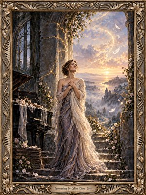 A solitary woman in a flowing ivory gown stands among weathered stone arches and flowering vines, gazing toward a radiant sunrise over misty mountains and distant towers. Warm gold light, drifting feathers, a dark piano, glowing cracks, and an ornate musical frame create a tender, hopeful atmosphere of renewal and emotional healing.
