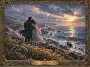 A windswept couple stands on rugged coastal cliffs above a stormy sea, leaning together beneath dramatic blue-gray clouds and warm golden light. Flowing garments, bending grasses, crashing waves, distant lighthouse, and glowing horizon create a romantic, resilient mood. Luminous oil-paint textures and an ornate bronze musical frame complete the cinematic composition.