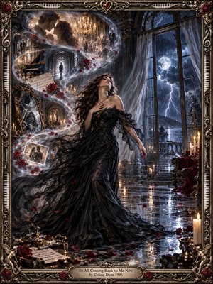 A woman in a flowing black gown stands inside a grand moonlit ballroom as stormlight flashes beyond towering windows. An S-shaped stream of luminous memories curls through the scene, revealing roses, mirrors, lovers, candles, and distant figures. Ornate bronze framing, deep blues, silver highlights, and warm gold create dramatic romantic intensity.