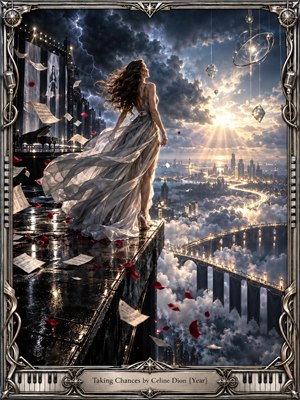A woman in a flowing silver gown stands above a glowing city as storm clouds split toward radiant sunlight. Windblown music sheets, red petals, suspended glass forms, and winding illuminated roads create a dramatic sense of risk and possibility. The detailed digital artwork blends cinematic realism, cool grays, gold light, and ornate framing.