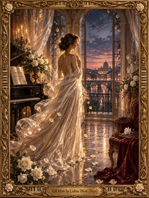 A graceful woman in a luminous ivory gown stands beside a grand piano, gazing across a twilight city from an ornate candlelit room. Golden reflections, white roses, drifting petals, and flowing curtains create a tender, romantic mood. Rich oil-paint textures, deep blues, warm amber light, and gilded framing heighten the elegance.