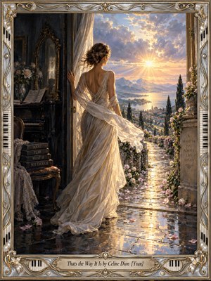A woman in a flowing ivory gown stands between a shadowed piano room and a radiant lakeside sunrise, suggesting hope emerging from doubt. Golden light, distant mountains, flowers, reflective stone, and an ornate piano-key frame create a romantic, uplifting atmosphere with richly detailed painterly realism and graceful symbolism.