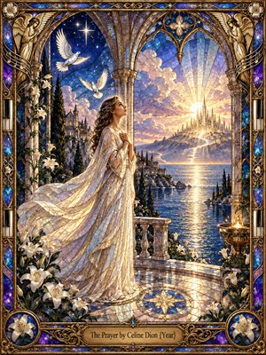 A serene woman in a flowing ivory gown stands beneath luminous arches overlooking a radiant coastal city at sunrise. Jewel-toned stained glass, lilies, doves, stars, and gilded architectural details create a sacred, hopeful atmosphere. Warm golden light contrasts with deep blues, blending spiritual symbolism with ornate glasswork and elegant symmetry.