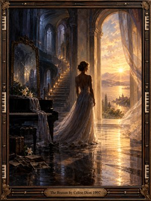 A solitary woman in a flowing silver gown stands inside a grand shadowed hall, facing a radiant sunrise beyond an arched doorway. A black piano, cracked mirror, flowers, and scattered photographs suggest memory and longing. Warm gold light contrasts with deep blue shadows in a romantic, cinematic oil-painted style.