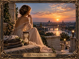 A contemplative woman in a flowing ivory gown overlooks a glowing riverside city at sunset, surrounded by an hourglass, flowers, and books marked past, present, and future. Warm gold, rose, and blue light create a reflective mood, framed by ornate bronze musical scrollwork and classical detailing.