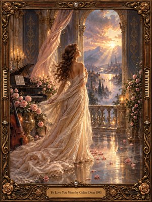 A woman in a flowing ivory gown stands beside a grand piano and cello in an ornate romantic interior, gazing through arches toward a radiant sunset cityscape. Warm gold, rose, and amber light fills the scene, while flowers, candles, reflective marble, and elaborate bronze framing create an elegant, yearning, cinematic atmosphere.