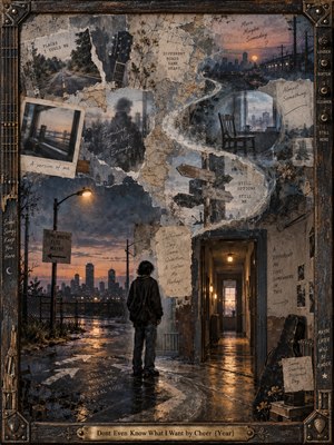 A solitary figure stands between a rain-soaked city street and a glowing hallway, surrounded by torn photographs, maps, handwritten notes, and uncertain signposts. A winding pale ribbon connects fragmented memories beneath smoky blue skies and amber twilight. Weathered wood, metal fittings, and an engraved brass plate frame this melancholic mixed-media collage.