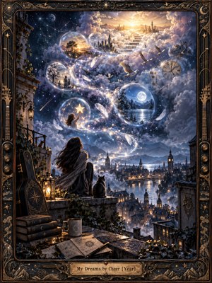 A solitary woman and her cat overlook a moonlit city as a luminous spiral rises through clouds and floating dream spheres toward a golden skyline. Midnight blues, silver mist, and warm lantern light create a wistful, hopeful atmosphere in this richly detailed digital fantasy, surrounded by an ornate celestial frame.