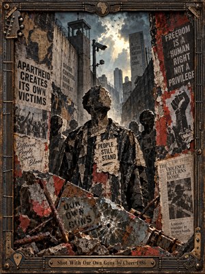 Faceless figures stand defiantly amid crumbling walls, surveillance towers, and torn protest posters in a fractured urban landscape. Rust red, charcoal, and ochre dominate the textured mixed-media collage, while pale sunlight breaks through storm clouds. Shattered glass, scattered rubble, and an ornate industrial metal frame reinforce the atmosphere of oppression and resistance.