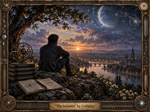A solitary man sits on a rocky overlook above a glowing river city at twilight, surrounded by books, sketches, and scientific instruments. Warm amber light contrasts with deep blue skies and distant stars, creating a reflective, searching mood. Painterly detail, weathered brass framing, celestial diagrams, and quiet symbolism deepen the atmosphere.
