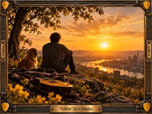 A solitary man and golden dog overlook a winding river and distant city at sunset, surrounded by yellow wildflowers, rugged stone, and a resting guitar. Warm amber light, deep shadows, and cinematic realism create a tender, reflective mood, enclosed by an ornate brass-and-wood frame with musical details.