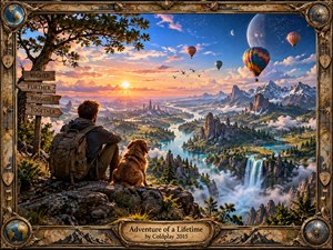 A traveler and golden dog overlook a breathtaking valley of winding rivers, waterfalls, forests, distant city towers, and rugged mountains beneath a glowing sunset sky. Colorful hot-air balloons and celestial forms add wonder. Warm golden light, vivid blues, intricate textures, and an ornate bronze frame create an adventurous, dreamlike atmosphere.