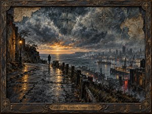 A solitary figure overlooks a storm-darkened harbor where old sailing ships merge with an industrial city beneath turbulent clouds. Wet stone reflects amber lamps and a fading sunset, creating a brooding, haunted atmosphere. Textured painterly surfaces, weathered maps, compass motifs, and an ornate distressed frame reinforce themes of history and displacement.