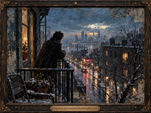 A solitary man stands on a snowy balcony above a rain-slick city street, gazing toward a distant skyline at dusk. Warm window light and glowing reflections contrast with blue gray winter clouds, creating a wistful, contemplative mood. The richly textured mixed-media painting is framed with ornate wood and a brass title plate.