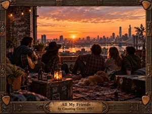 Five friends relax on a rooftop at sunset, overlooking a glowing river, bridge, and city skyline. Warm amber light, patterned rugs, guitars, candles, bottles, and a sleeping dog create an intimate, nostalgic mood. The detailed photographic style is enclosed by an ornate wood-and-metal musical frame with a vintage title plate.