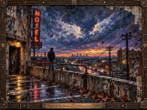 A lone figure stands on a rain slick rooftop beside a glowing motel sign, gazing over a dusky city skyline beneath storm clouds shaped like pale wings. Rusted railings, scattered leaves, and neon reflections deepen the melancholy mood in this textured mixed media painting, framed with weathered musical metalwork.