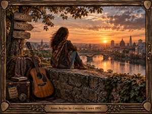 A solitary woman sits on a weathered stone wall overlooking a river and glowing city at sunset, surrounded by a guitar, travel bag, books, and symbolic signposts. Warm amber light, deep shadows, autumn foliage, reflective water, and an ornate musical frame create a nostalgic, cinematic atmosphere of memory and change.