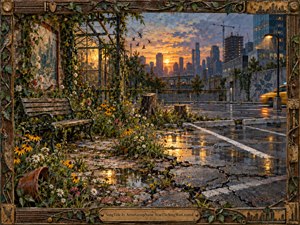 An overgrown city garden reclaims cracked pavement beneath a glowing sunset, contrasting wildflowers, vines, birds, and weathered benches with glass towers, construction cranes, and a passing yellow taxi. Warm gold, green, and gray tones create a bittersweet mood, framed by ornate wood, metal, strings, and botanical details.