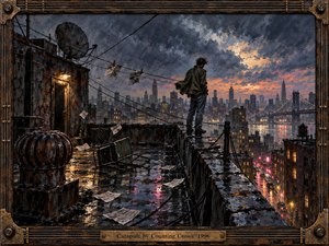 A solitary figure stands on a rain-soaked rooftop above a glowing city at dusk, surrounded by weathered brick, tangled wires, scattered papers, and industrial vents. Dark storm clouds break with amber light over distant towers and bridges, creating a restless, reflective mood in richly textured, painterly detail.