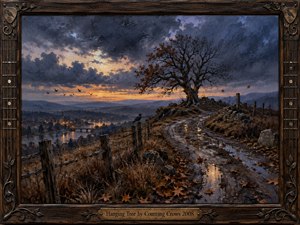 A storm-darkened hillside road curves toward a solitary autumn tree above a distant riverside town glowing at dusk. Muddy reflections, circling birds, weathered fences, and a perched crow create a brooding, reflective mood. Thick oil textures, blue-gray clouds, amber light, carved wood, guitar strings, and aged brass complete the scene.