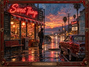 A rain-soaked boulevard glows beneath a fiery dusk as a solitary man stands outside a nostalgic candy shop, facing distant city lights. Neon reds, amber lamps, wet reflections, palm silhouettes, and a vintage car create a bittersweet, cinematic mood within richly textured painterly detail and an ornate handcrafted frame.