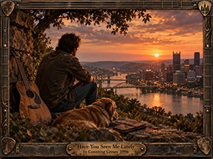 A solitary man sits beside a weathered acoustic guitar and resting dog on a rocky overlook, watching a glowing river city at sunset. Warm amber light, deep shadows, distant bridges, and textured foliage create a reflective, nostalgic mood. An aged wood and metal frame adds handcrafted musical detail.