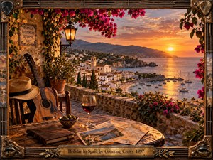 A sunlit Spanish coastal terrace overlooks a whitewashed village and calm Mediterranean bay at sunset. An acoustic guitar, straw hat, wine, olives, journal, map, and postcard create a reflective travel mood. Warm amber light, vivid bougainvillea, rustic stonework, and an ornate musical frame give the scene nostalgic cinematic richness.
