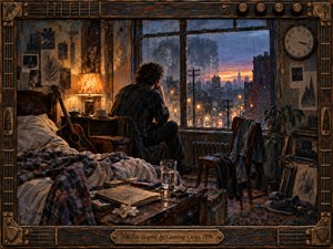 A sleepless man sits beside a rain-streaked window in a worn city room, surrounded by an unmade bed, acoustic guitar, scattered papers, and fading memories reflected in the glass. Deep blues, charcoal, amber, and rust mingle under warm lamplight and cold dawn, rendered in richly textured oil and encaustic style.