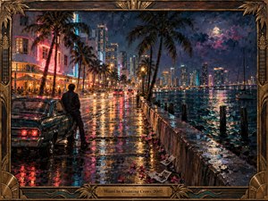 A solitary figure stands beside a vintage car on a rain-soaked Miami waterfront, surrounded by glowing neon streets, palm trees, distant towers, and moonlit water. Rich blues, magentas, and amber reflections create a wistful nocturnal mood, rendered in textured oil paint with expressive brushwork and an ornate handcrafted frame.