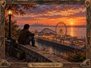 A solitary man rests beside a worn guitar case above a glowing seaside amusement park at sunset. Ferris wheels, roller coasters, carnival lights, reflective water, and a distant skyline create a nostalgic, wistful mood. Warm orange and violet skies contrast with shadowed stonework, framed in richly weathered musical ornamentation.