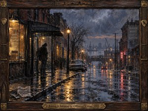A solitary figure waits beneath a rain-darkened Baltimore awning as amber streetlamps shimmer across wet pavement toward the distant harbor. Deep blues, charcoal grays, and warm gold reflections create a melancholy nocturnal mood. Painterly textures, old brick facades, vintage cars, bare trees, and an ornate wooden frame evoke longing and isolation.