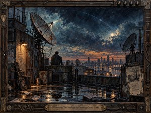 A solitary figure sits on a rain-soaked rooftop surrounded by weathered satellite dishes, cables, and battered equipment. Deep blue storm clouds open toward a glowing orange horizon, while city lights shimmer in puddles below. The detailed painterly scene feels lonely, reflective, restless, and quietly hopeful beneath scattered stars.