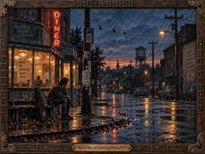 A solitary man sits outside a glowing roadside diner on a rain-soaked street at dusk, his guitar case resting nearby. Warm amber windows and neon contrast with deep blue storm clouds, wet pavement, old storefronts, utility poles, and distant rooftops, creating a reflective, lonely, cinematic oil-painted atmosphere of uncertainty and quiet endurance.