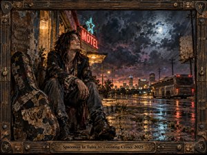 A solitary musician rests beside a weathered motel on a rain-slick Tulsa roadside, gazing into a turbulent moonlit sky. Neon red and blue reflections shimmer across pavement while a distant bus and skyline suggest departure, uncertainty, and renewal. Rich painterly textures, distressed surfaces, and an ornate metal frame deepen the restless atmosphere.