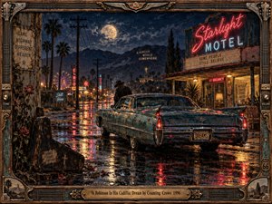 A weathered Cadillac rests on a rain-slicked highway beneath moonlight and neon motel signs, surrounded by palm trees, distant mountains, and glowing roadside attractions. Deep blues, rusted metal, crimson reflections, and warm amber lights create a wistful, cinematic mood within an ornate handcrafted musical frame.