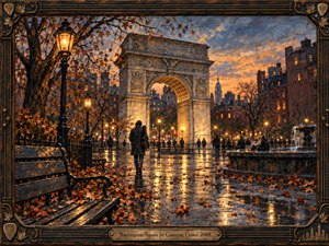 A lone figure crosses rain-slick Washington Square Park at autumn dusk, moving toward the glowing stone arch beneath a blue and amber sky. Warm lamplight reflects across wet pavement and fallen leaves, while benches, bare branches, distant buildings, and a fountain enrich the wistful scene. Textured oil-paint styling adds handcrafted depth.