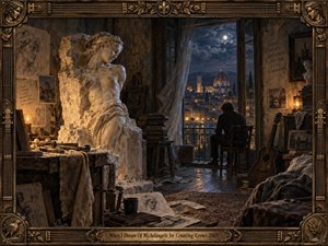 A moonlit artists studio overlooks Florence, where a solitary figure sits beside a monumental unfinished marble sculpture. Warm amber lamplight contrasts with cool blue night, revealing sketches, tools, worn wood, and drifting curtains. Rich Renaissance-inspired realism, carved textures, deep shadows, and an ornate bronze frame create a reflective, dreamlike mood.