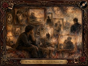 A solitary man sits pensively in a dim room surrounded by ornate frames holding faded portraits, embraces, and distant landscapes. Warm sepia, muted red, dusty blue, and antique gold tones create a wistful, haunting mood. Layered oil, acrylic, and watercolor textures dissolve memories into mist beneath soft lamplight and an elaborate music-themed frame.