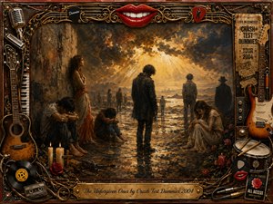 A solitary figure walks through a storm-darkened valley toward warm golden light, surrounded by sorrowful companions, candles, roses, and reflective earth. Rich oil-paint textures blend bronze, charcoal, amber, and deep crimson tones. An elaborate musical frame incorporates guitars, records, drums, microphones, and ornate gold details, creating a haunting, nostalgic atmosphere.