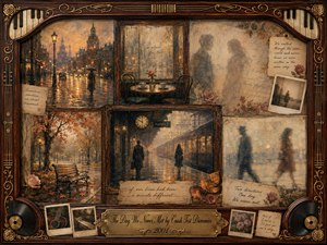 A nostalgic collage of missed connections unfolds within an ornate rosewood and gold musical frame. Rainy streets, an empty cafe, autumn bench, train platform, blurred figures, roses, and handwritten notes evoke longing and possibility. Warm amber, sepia, dusty rose, and smoky blue tones glow through soft, painterly, timeworn textures.
