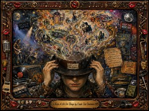 A richly textured surreal collage shows a shadowed figure holding a hat beneath a swirling cloud of memories, musicians, vintage cars, clocks, and music imagery. Deep burgundy, gold, bronze, blue, and amber tones create a dramatic nostalgic mood. Ornate musical details frame the composition, illuminated by warm highlights and theatrical, painterly lighting.