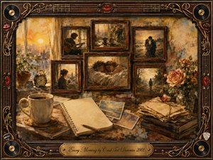 A warm, nostalgic morning collage unfolds in a rosewood music-themed frame, where sunrise light washes over coffee, photographs, roses, and blank journal pages. Framed memories of love, solitude, and quiet reflection fill the wall. Rich golds, browns, creams, and muted blues create a tender, painterly atmosphere of fading remembrance.