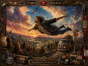A dreamlike young man floats across a vast sunset valley, arms outstretched as birds circle overhead and a joyful crowd gathers below. Golden light blends with deep blue, purple, and fiery orange clouds. Richly textured oil-paint brushwork creates a romantic, nostalgic rock-poster atmosphere, surrounded by ornate chrome-gold musical memorabilia and vintage details.