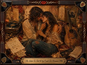 A tender bohemian couple embraces in a candlelit room surrounded by a vintage turntable, acoustic guitar, handwritten notes, and patterned fabrics. Warm amber, sepia, dusty blue, and muted gold create a nostalgic mood. Painterly oil, acrylic, and watercolor textures blend softly within an ornate musical frame and engraved title plate.