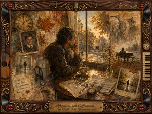 A pensive man sits alone at a cafe table, surrounded by fading memories of childhood, autumn streets, clocks, medical corridors, and handwritten notes. Warm sepia, amber, and brown tones glow in soft afternoon light. Layered oil, acrylic, and watercolor textures blend nostalgia with melancholy inside an ornate musical rosewood frame.