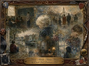A wistful painterly collage portrays isolated children in classrooms, quiet homes, a small town, and a distant church, blending faded memories into one dreamlike scene. Muted blues, sepia, cream, and burgundy glow beneath soft overcast light, framed by ornate rosewood, gold filigree, guitar strings, vinyl details, and an engraved brass title plate.
