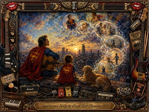 A richly textured painted scene shows a father and child in superhero-inspired capes overlooking a glowing city at sunset, accompanied by a loyal dog and acoustic guitar. Warm gold, crimson, deep blue, and bronze tones create a nostalgic mood. Surreal memory bubbles drift above, while ornate musical relics frame the composition dramatically.
