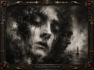 A haunting charcoal portrait emerges from a dark, textured atmosphere, showing overlapping faces filled with sorrow and reflection. Deep shadows, smoky strokes, and subtle highlights create a melancholic mood. A metallic music-inspired frame with gold details, red accents, and engraved title plate surrounds the monochrome artwork, blending emotion with dramatic elegance.