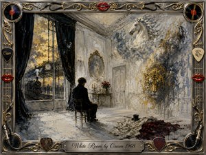 A solitary figure sits in a luminous white room beside dark curtains overlooking a twilight railway station. Ghostly visions of a white horse, tiger, and fading faces emerge from textured walls. Cream, gray, gold, black, and crimson tones create a haunting oil-painted atmosphere, enclosed by an ornate musical chrome-and-gold frame.